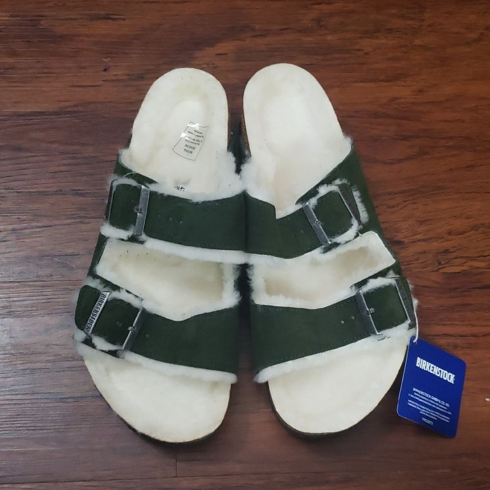 NWT Birkenstock Green Suede Leather Lamb Shearling Arizona Wide Footbed Size 43